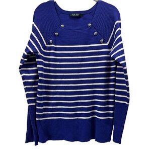Lauren Ralph Lauren Women's Sweater Size L Blue White Stripe Raglan Ribbed Thick